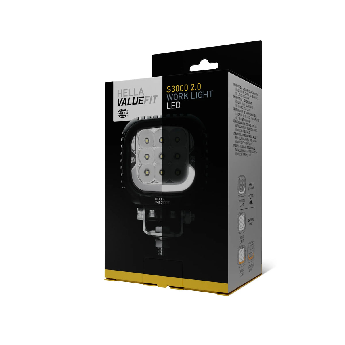 HELLA X-Treme Series LED Driving Lights in white mode, X-shape position light, rugged IP69K aluminum housing, auxiliary high-beam for off-road.