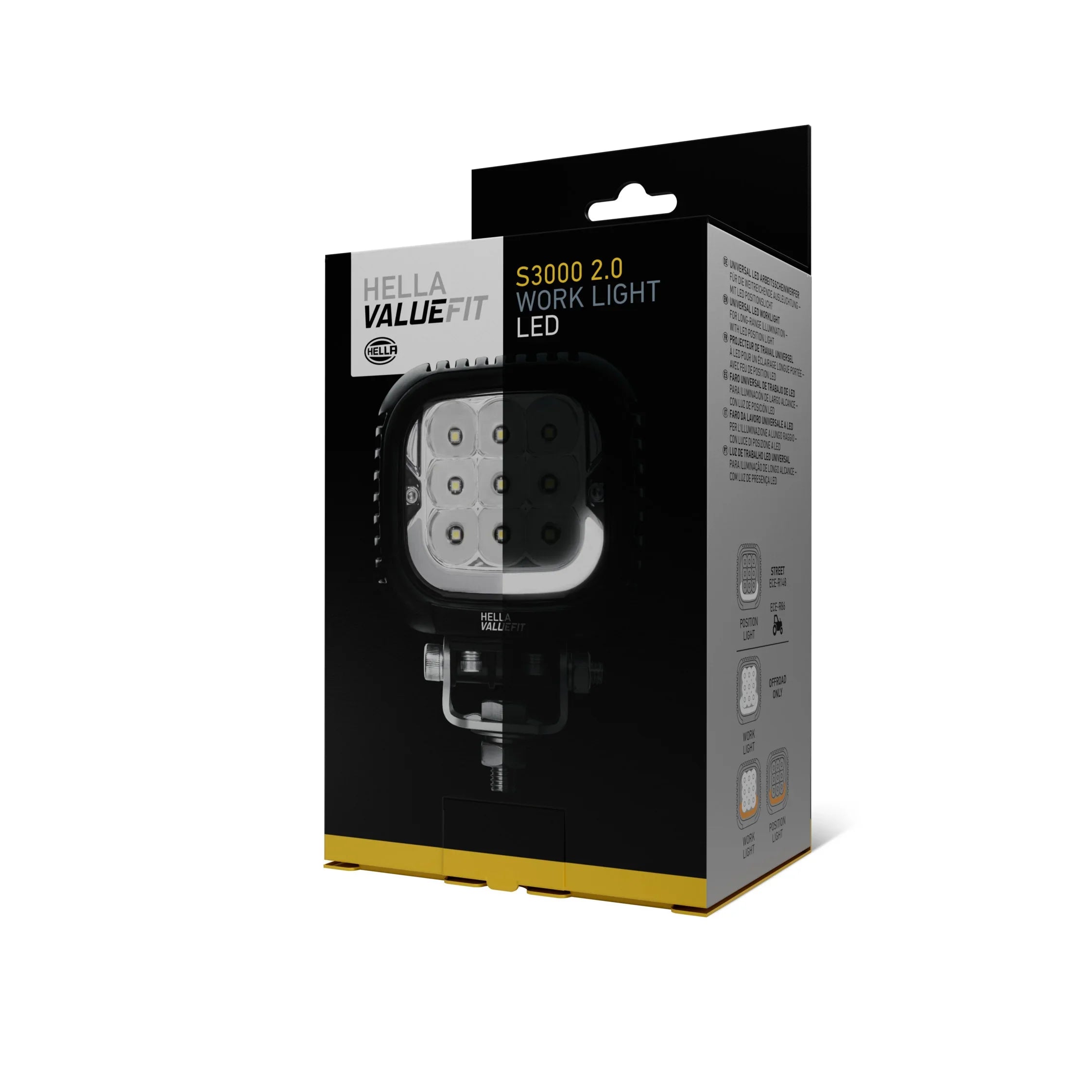 HELLA X-Treme Series LED Driving Lights in white mode, X-shape position light, rugged IP69K aluminum housing, auxiliary high-beam for off-road.