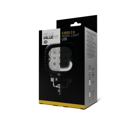 HELLA X-Treme Series LED Driving Lights in white mode, X-shape position light, rugged IP69K aluminum housing, auxiliary high-beam for off-road.