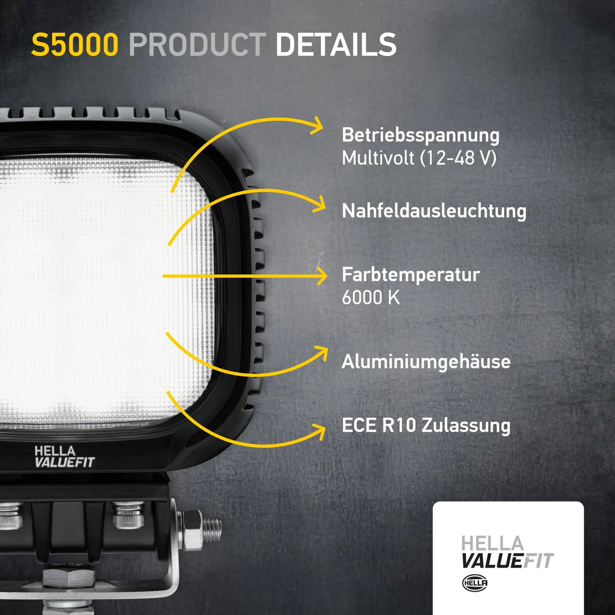 HELLA X-Treme Series LED Driving Lights in white mode, rugged aluminum housing, IP69K, auxiliary high-beam, off-road, clear X-shape position light.
