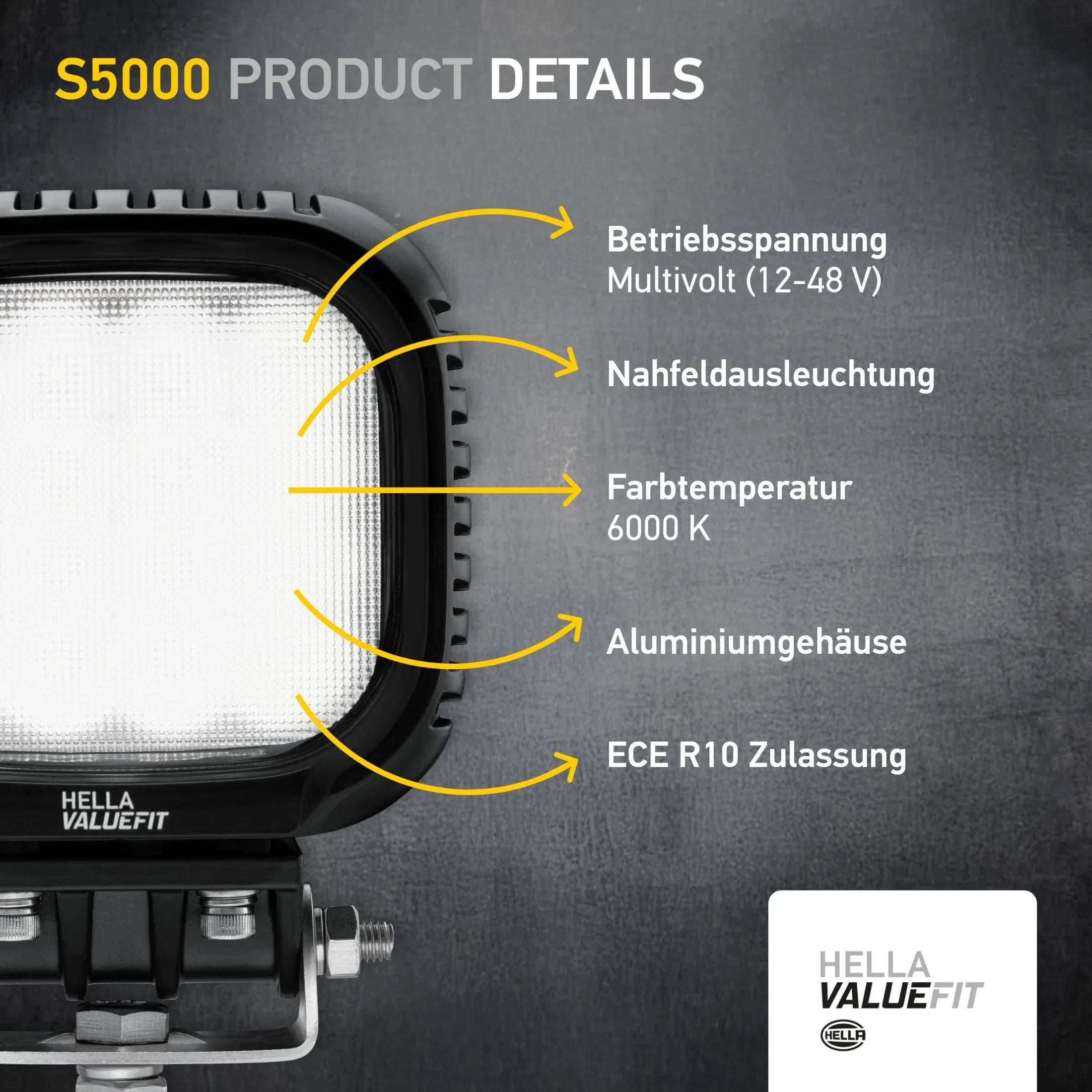 HELLA X-Treme Series LED Driving Lights in white mode, rugged aluminum housing, IP69K, auxiliary high-beam, off-road, clear X-shape position light.