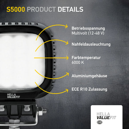 HELLA X-Treme Series LED Driving Lights in white mode, rugged aluminum housing, IP69K, auxiliary high-beam, off-road, clear X-shape position light.