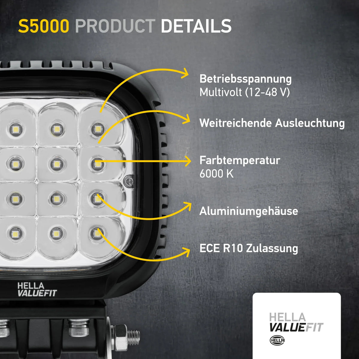 HELLA X-Treme Series LED Driving Light in white mode, rugged aluminum housing, IP69K, auxiliary high-beam, off-road, clear X-shape position light.
