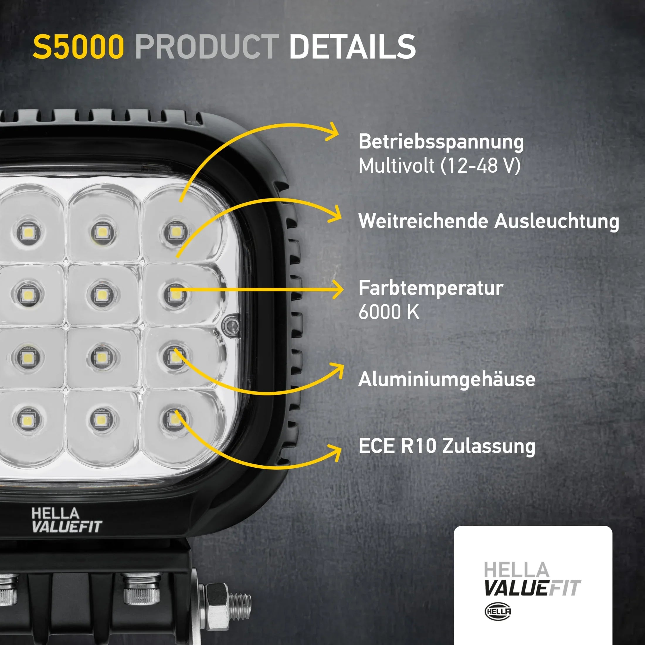 HELLA X-Treme Series LED Driving Light in white mode, rugged aluminum housing, IP69K, auxiliary high-beam, off-road, clear X-shape position light.