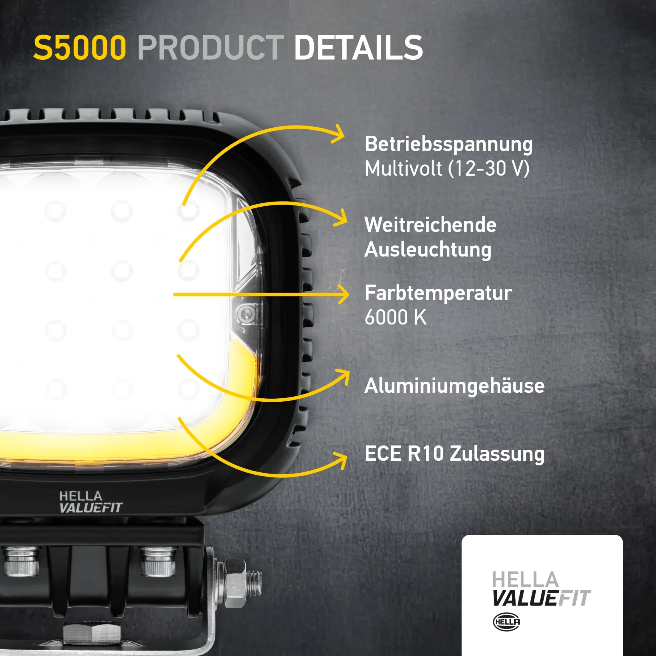 HELLA X-Treme Series LED Driving Lights in White mode, X-shape position light, IP69K, rugged aluminum housing, auxiliary high-beam for off-road