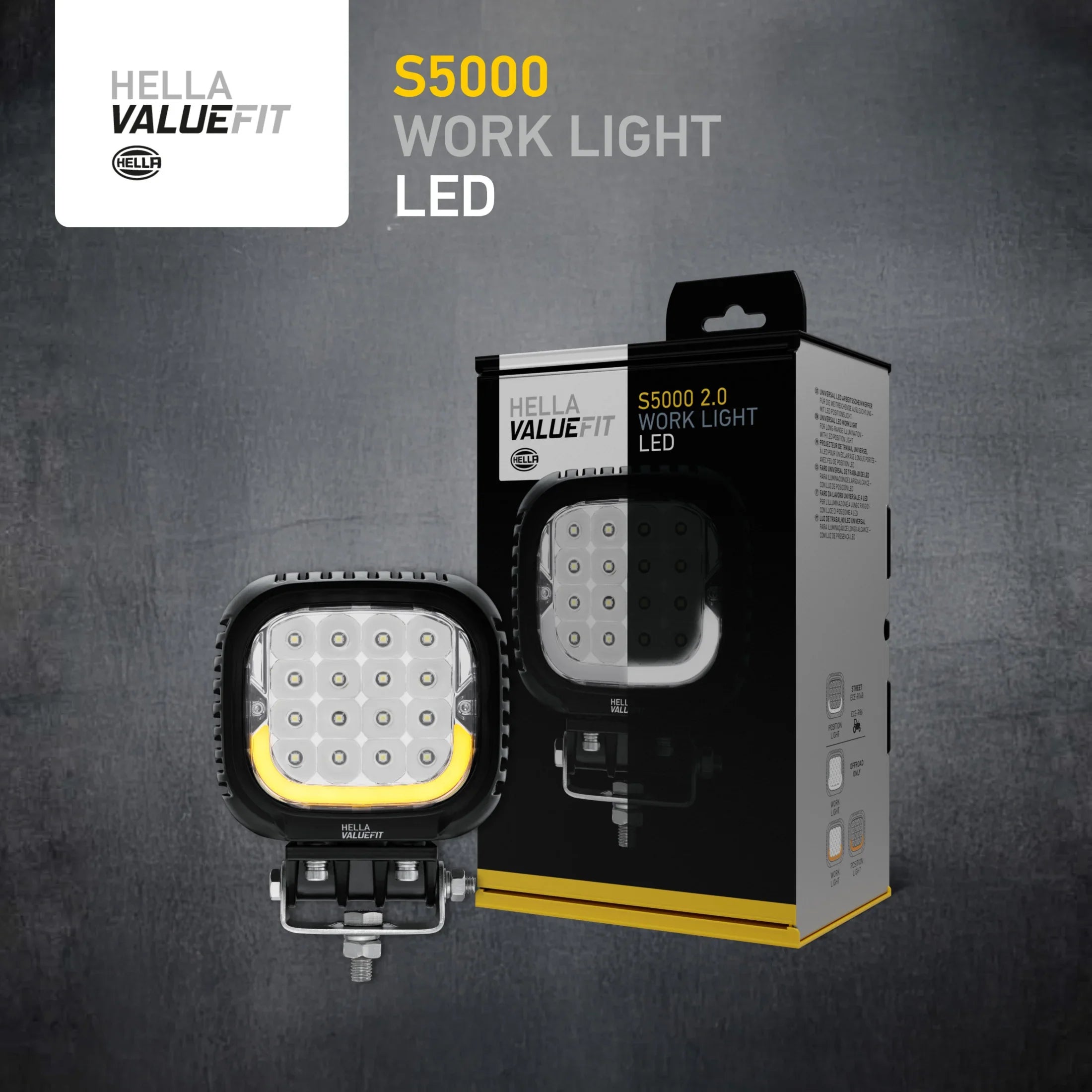 HELLA X-Treme Series LED Driving Lights in white mode with X-shape position light, rugged housing, IP69K, auxiliary high-beam, off-road ready.