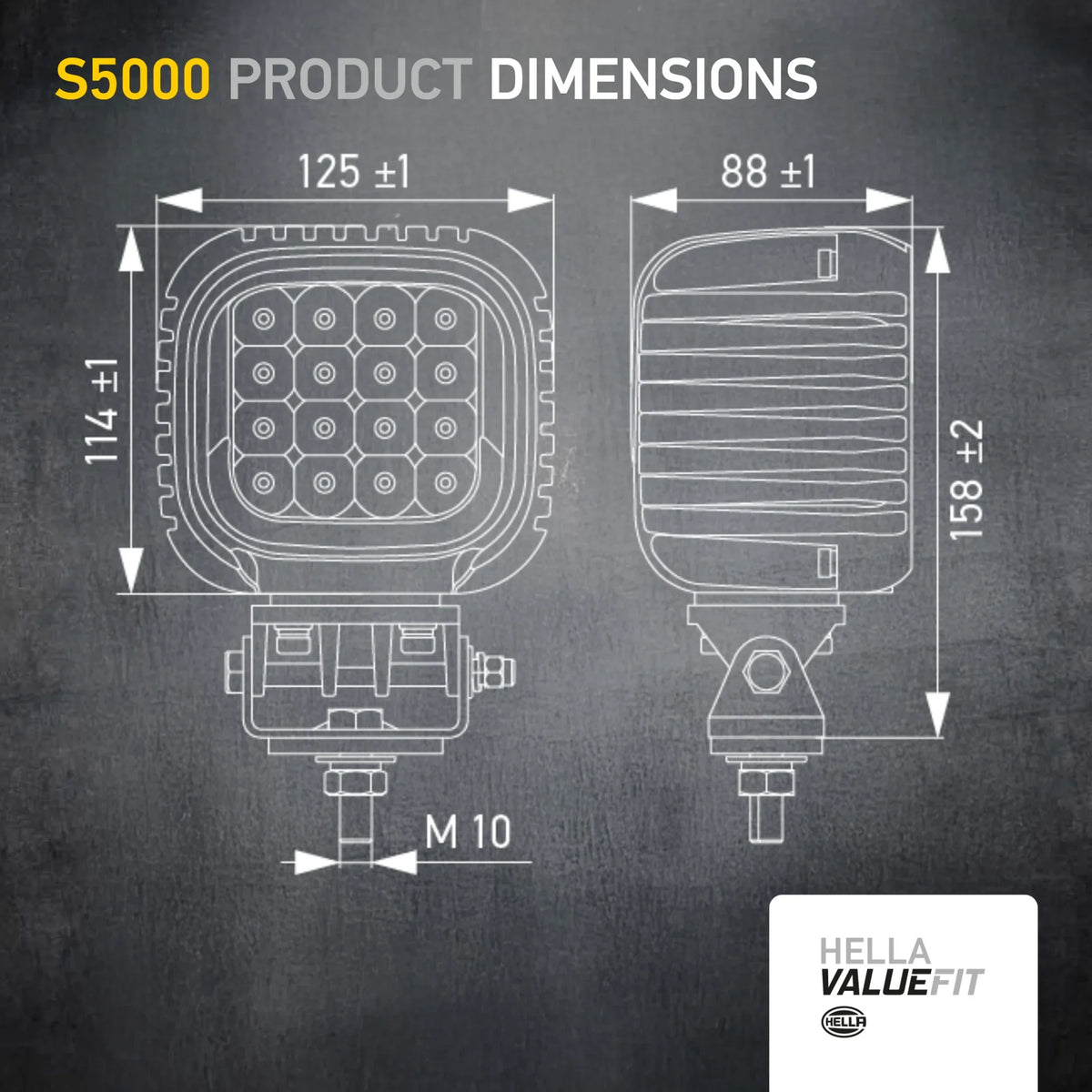 HELLA X-Treme Series LED Driving Lights technical diagram, showing IP69K rugged aluminum housing, auxiliary high-beam dimensions for off-road.