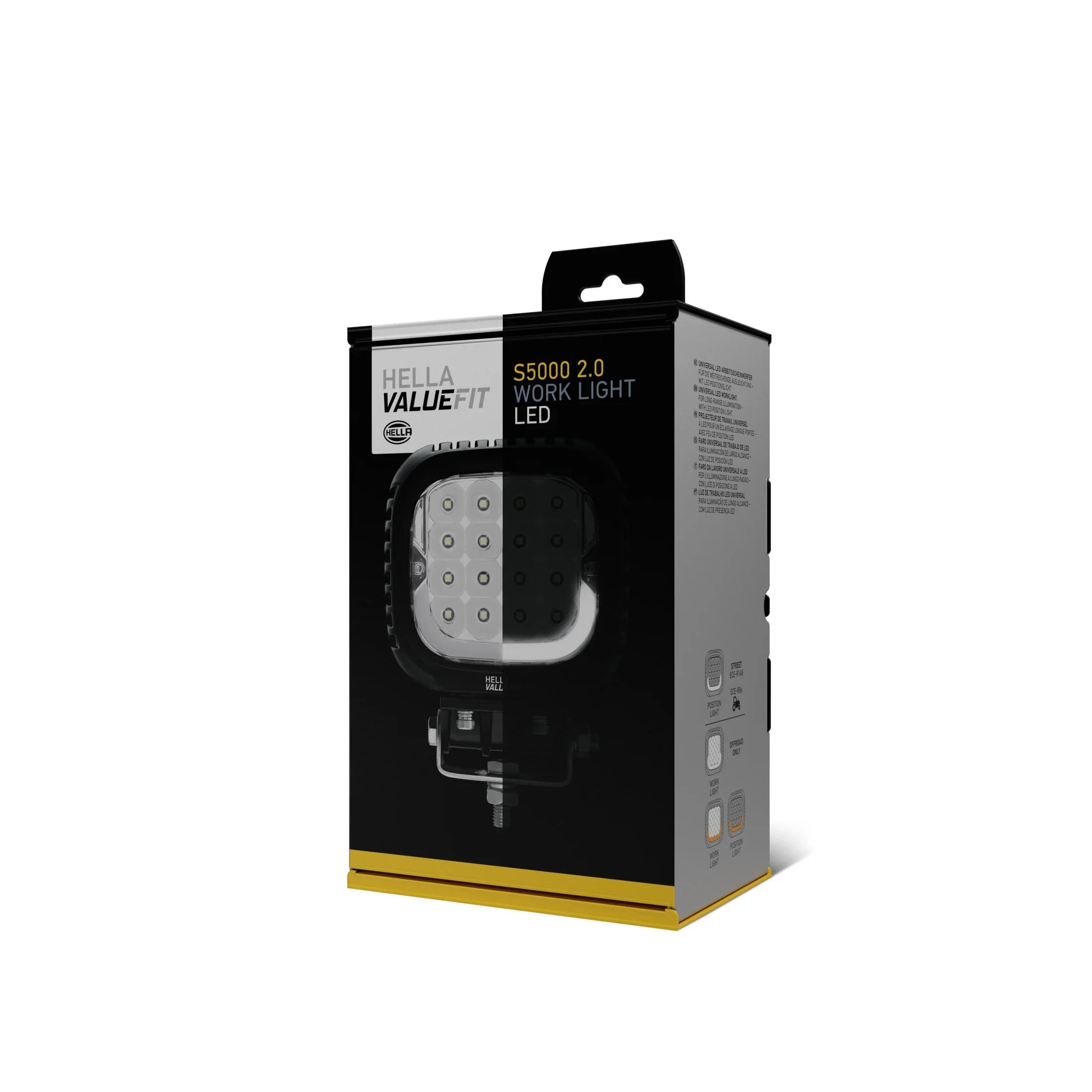 HELLA X-Treme Series LED Driving Lights in rugged aluminum housing, clear lens, IP69K, auxiliary high-beam, off-road ready, X-shape position light in white mode