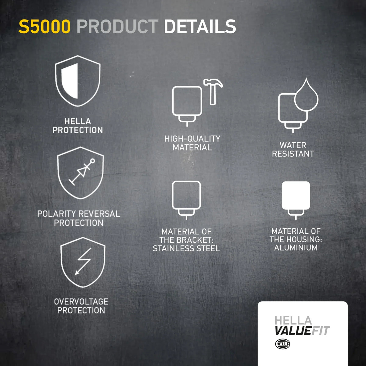 HELLA X-Treme Series LED Driving Lights S5000 features IP69K water resistance, rugged aluminum housing, stainless steel bracket, overvoltage and polarity reversal protection, ideal for off-road auxiliary high-beam performance.