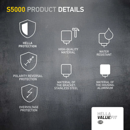 HELLA X-Treme Series LED Driving Lights S5000 features IP69K water resistance, rugged aluminum housing, stainless steel bracket, overvoltage and polarity reversal protection, ideal for off-road auxiliary high-beam performance.