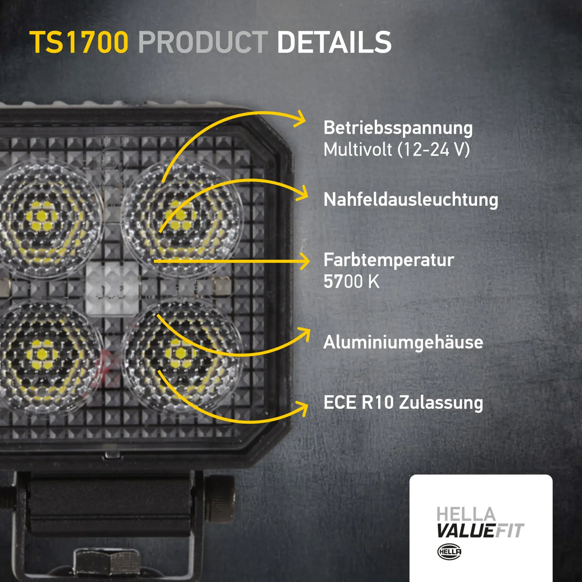 HELLA X-Treme Series LED Driving Lights in white mode with X-shape position light, IP69K, rugged aluminum housing, auxiliary high-beam for off-road.