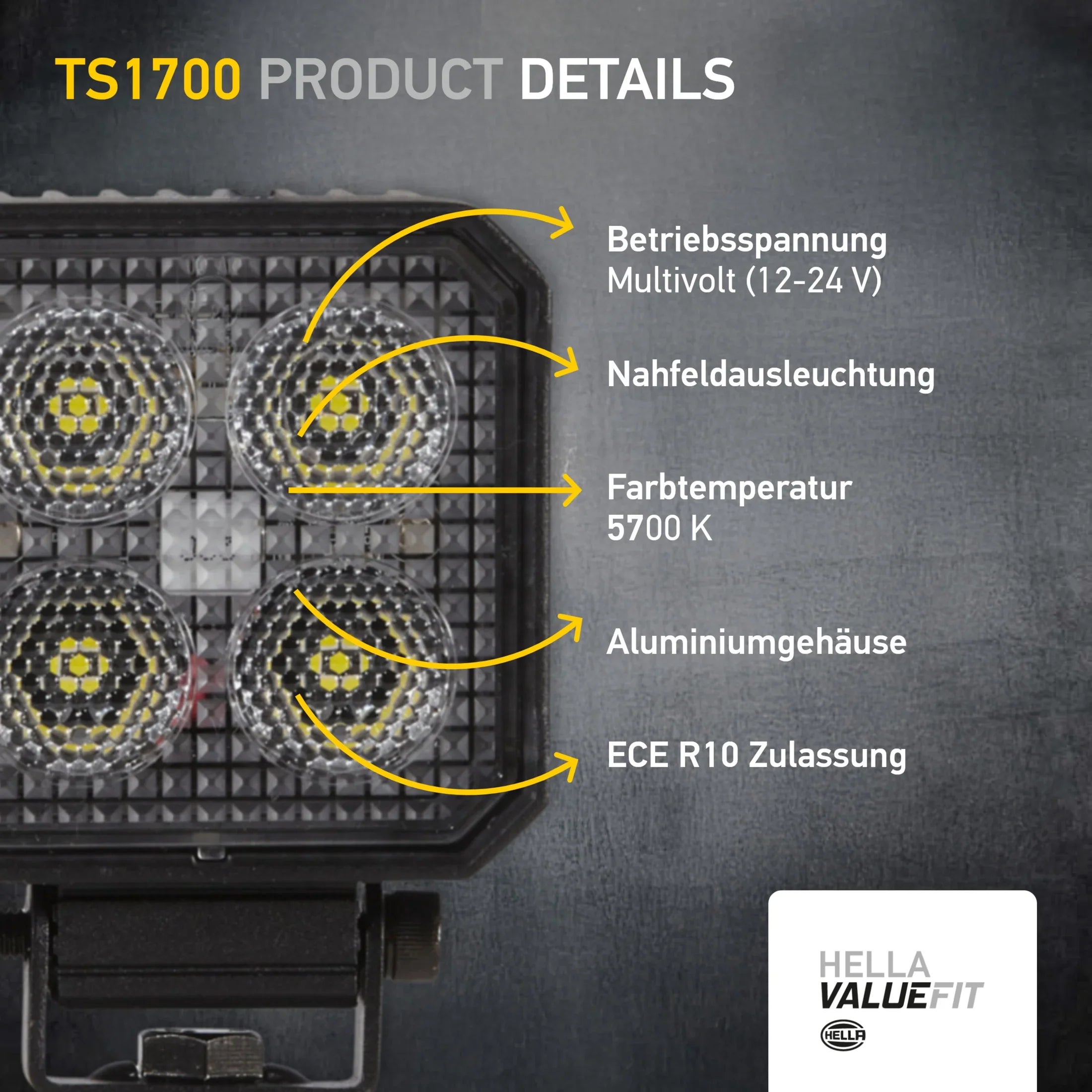 HELLA X-Treme Series LED Driving Lights in white mode with X-shape position light, IP69K, rugged aluminum housing, auxiliary high-beam for off-road.