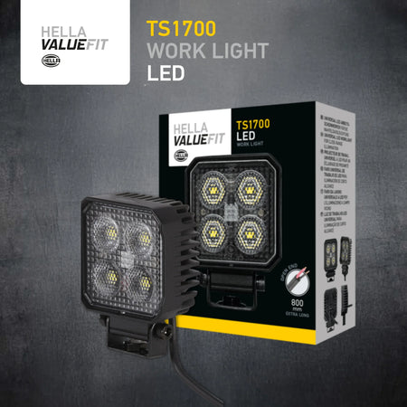 HELLA X-Treme Series LED Driving Lights with IP69K rugged aluminum housing, clear lens, auxiliary high-beam, X-shape position light in white mode for off-road use.