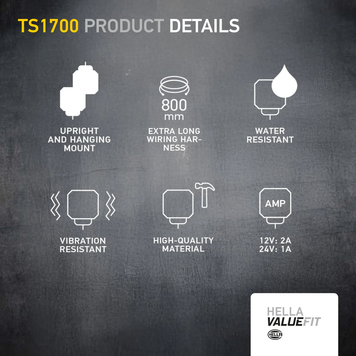 HELLA X-Treme Series TS1700 LED Driving Lights specs showing rugged IP69K housing, auxiliary high-beam, and water resistance for off-road use.