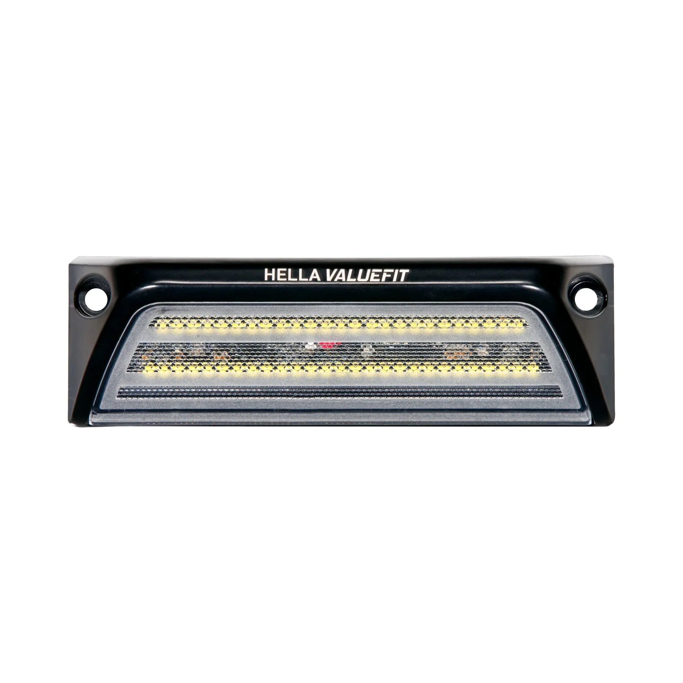 HELLA X-Treme Series LED Driving Lights in white mode with X-shape position light, IP69K, rugged aluminum housing, auxiliary high-beam, off-road ready.