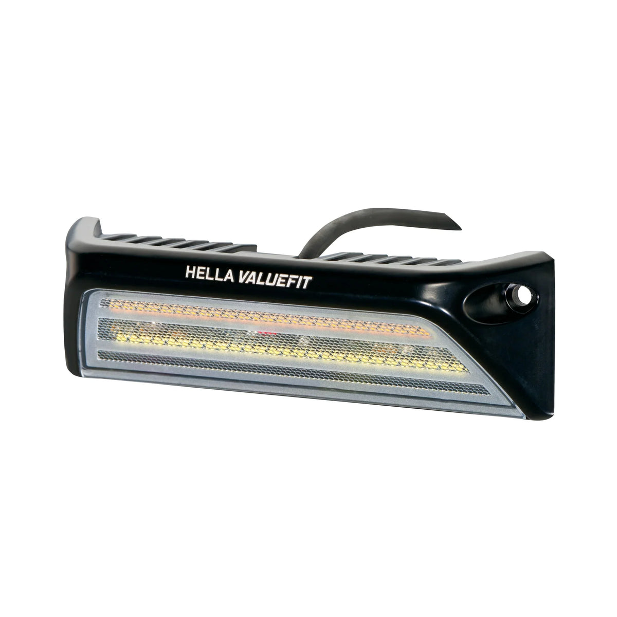 HELLA X-Treme Series LED Driving Lights in amber mode, auxiliary high-beam, rugged aluminum housing, IP69K off-road rated, clear lens, X-shape position light visible.