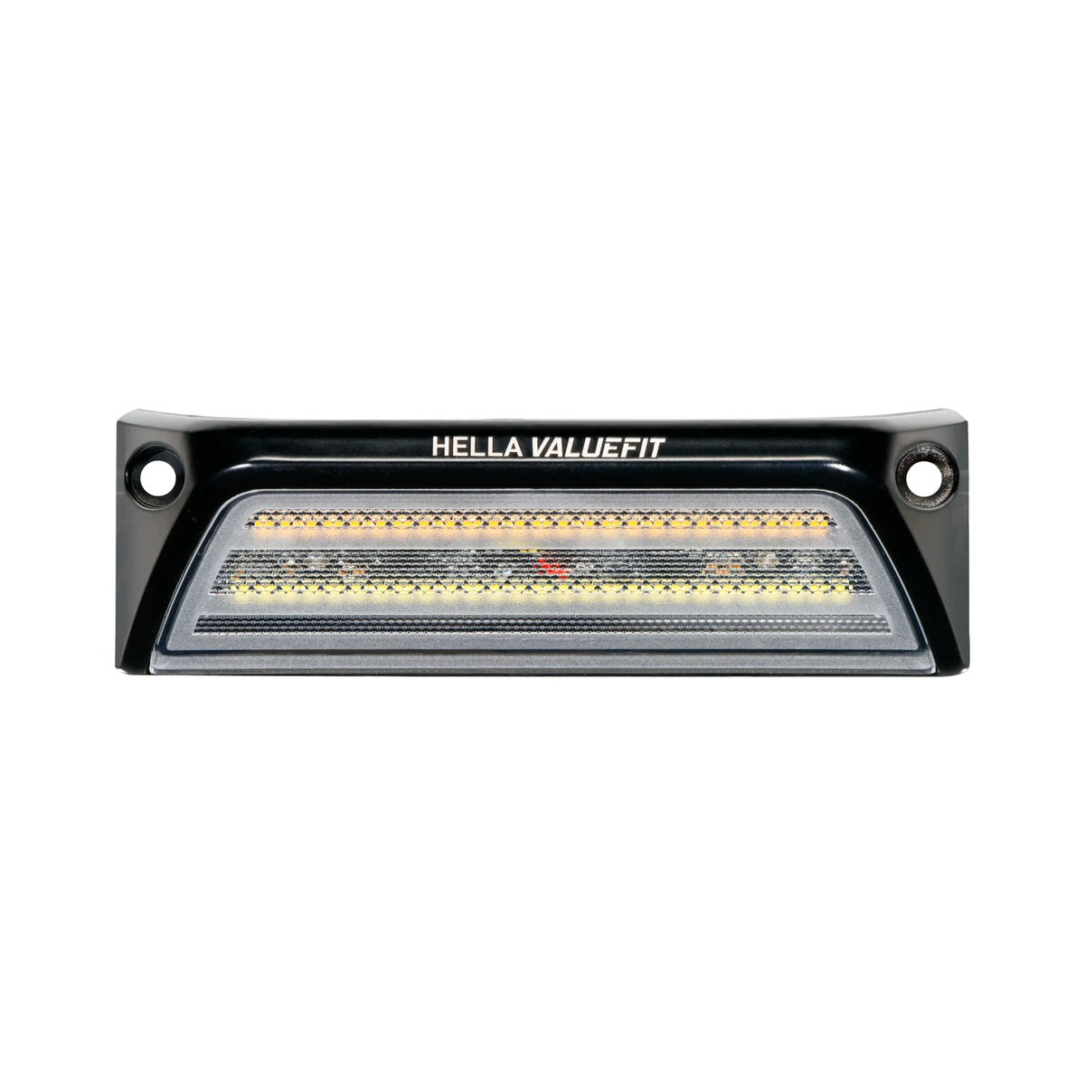 HELLA X-Treme Series LED Driving Lights in white mode, rugged aluminum housing, IP69K, off-road auxiliary high-beam, clear lens, X-shape position light.
