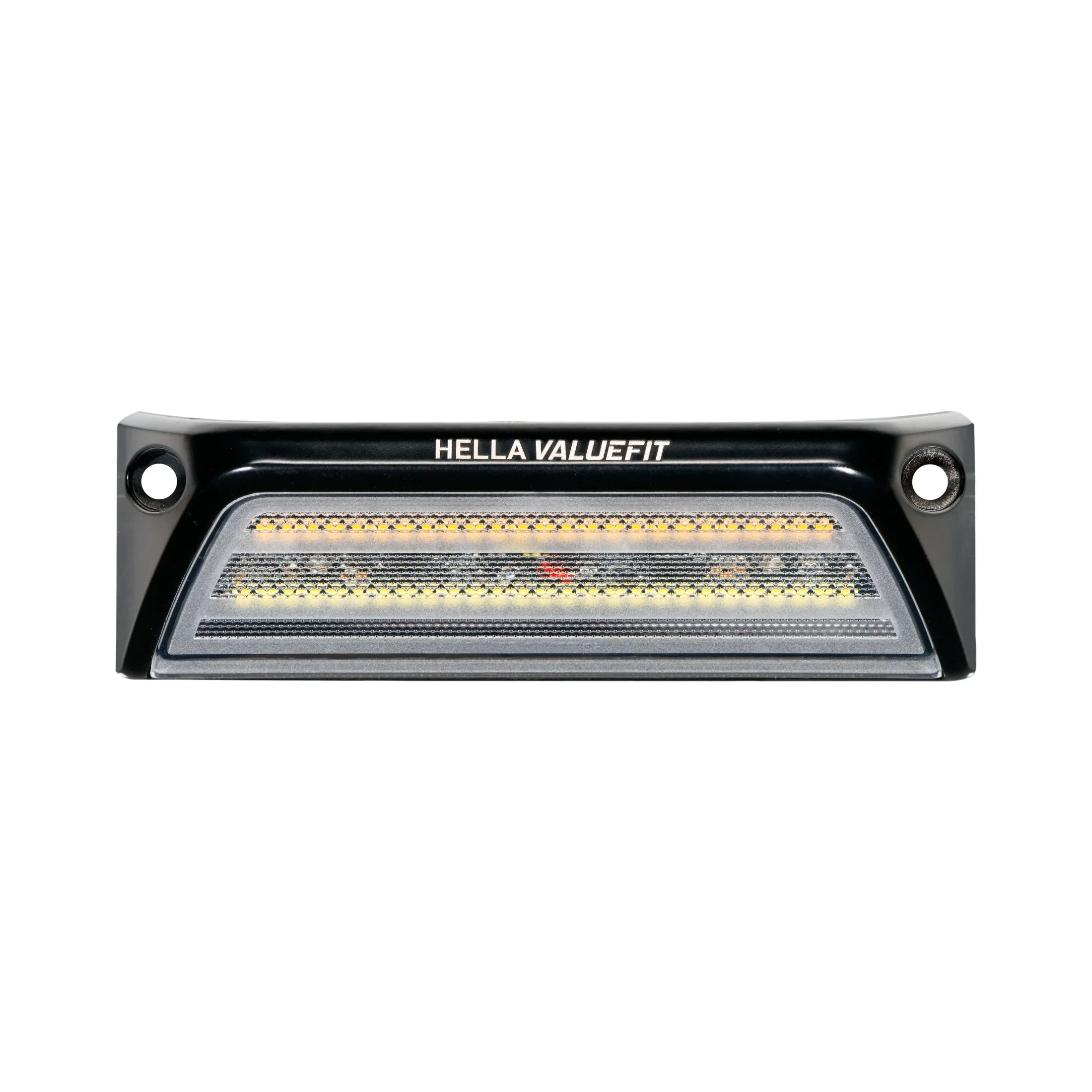 HELLA X-Treme Series LED Driving Lights in white mode, rugged aluminum housing, IP69K, off-road auxiliary high-beam, clear lens, X-shape position light.