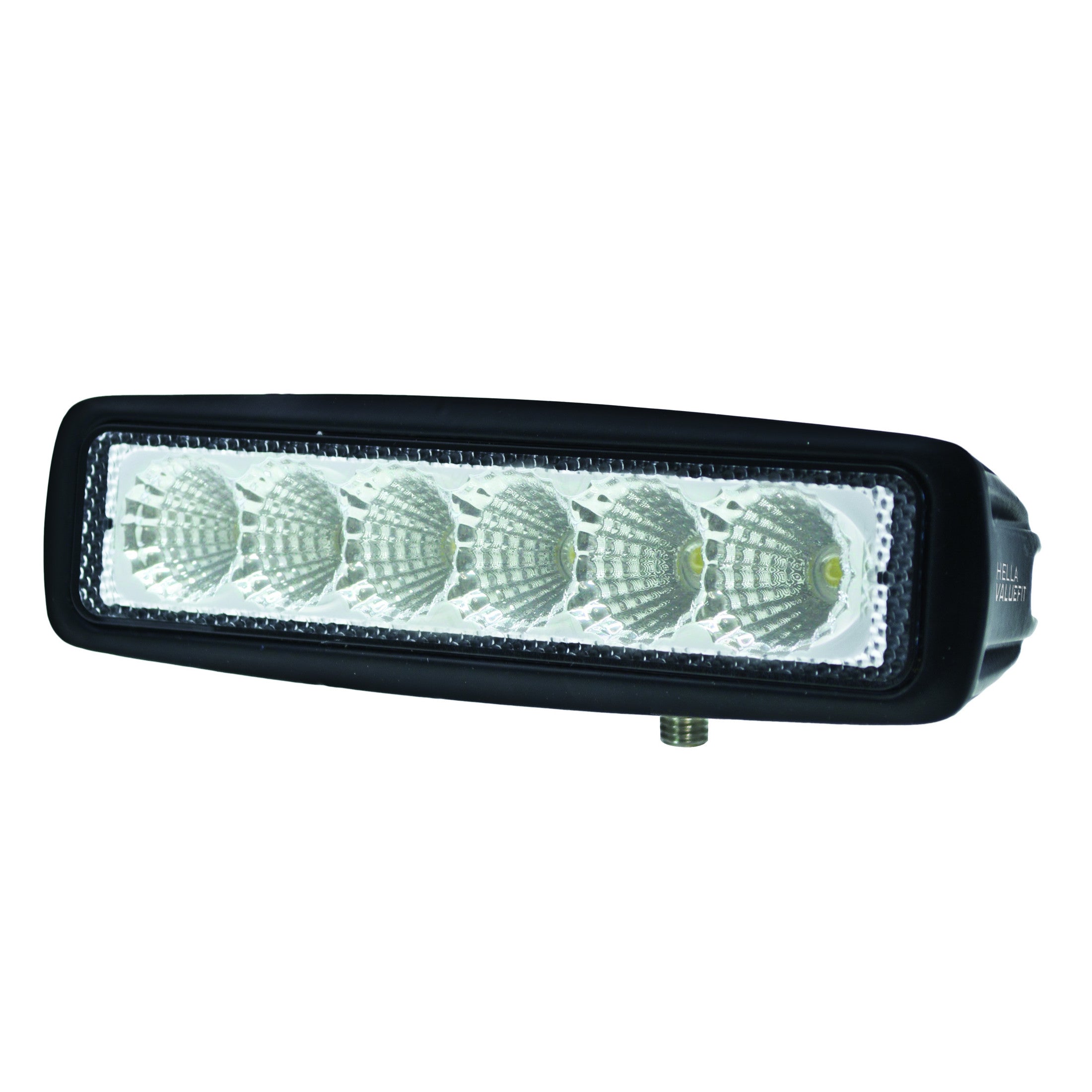 Black HVF 6 LED Mini 6" light bar with six bright white LEDs and textured reflectors.