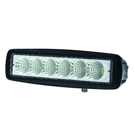 Black HVF 6 LED Mini 6" light bar with six bright white LEDs and textured reflectors.