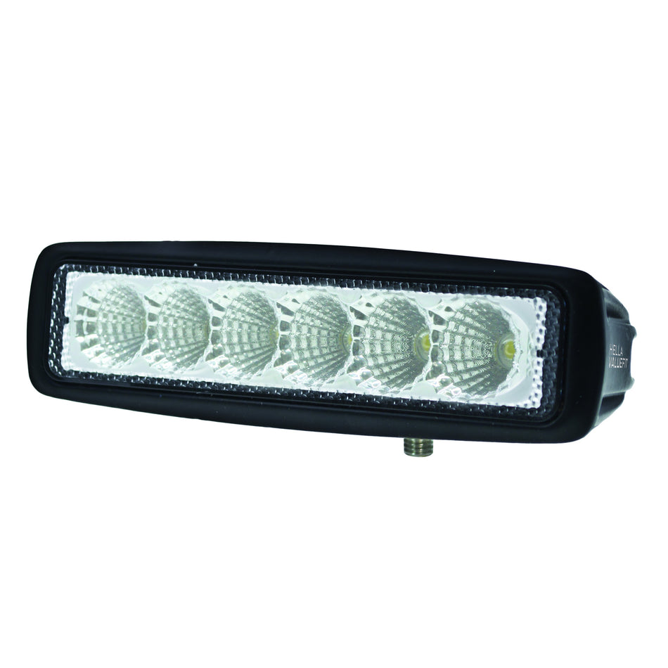 Black HVF 6 LED Mini 6" light bar with six bright white LEDs and textured reflectors.
