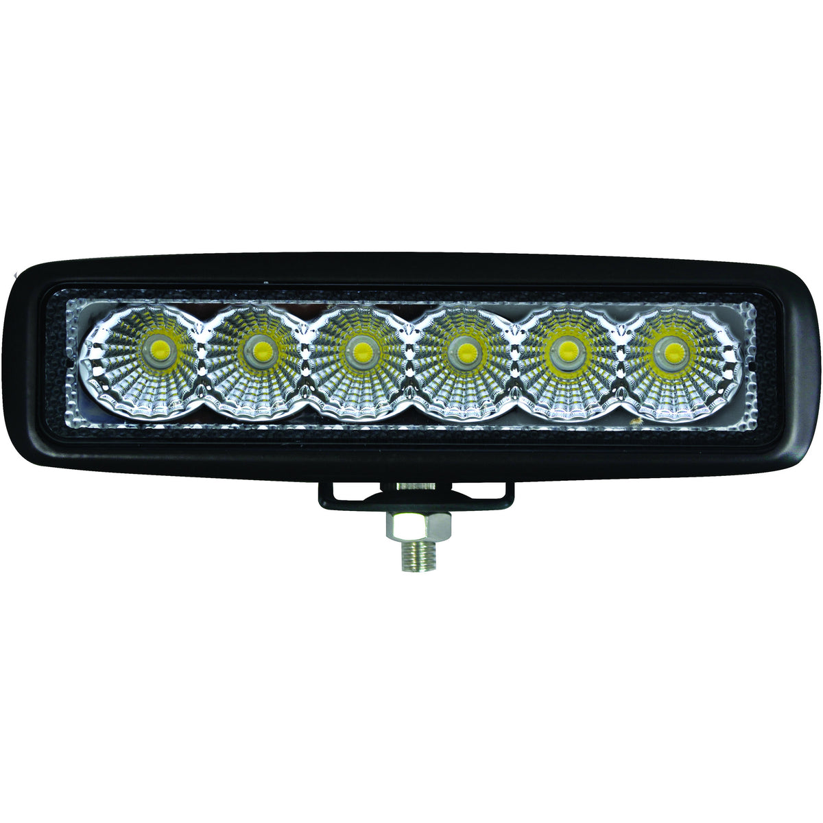 Black HVF 6 LED Mini 6" Light Bar with six bright, round LED lights and a bottom mounting bracket.