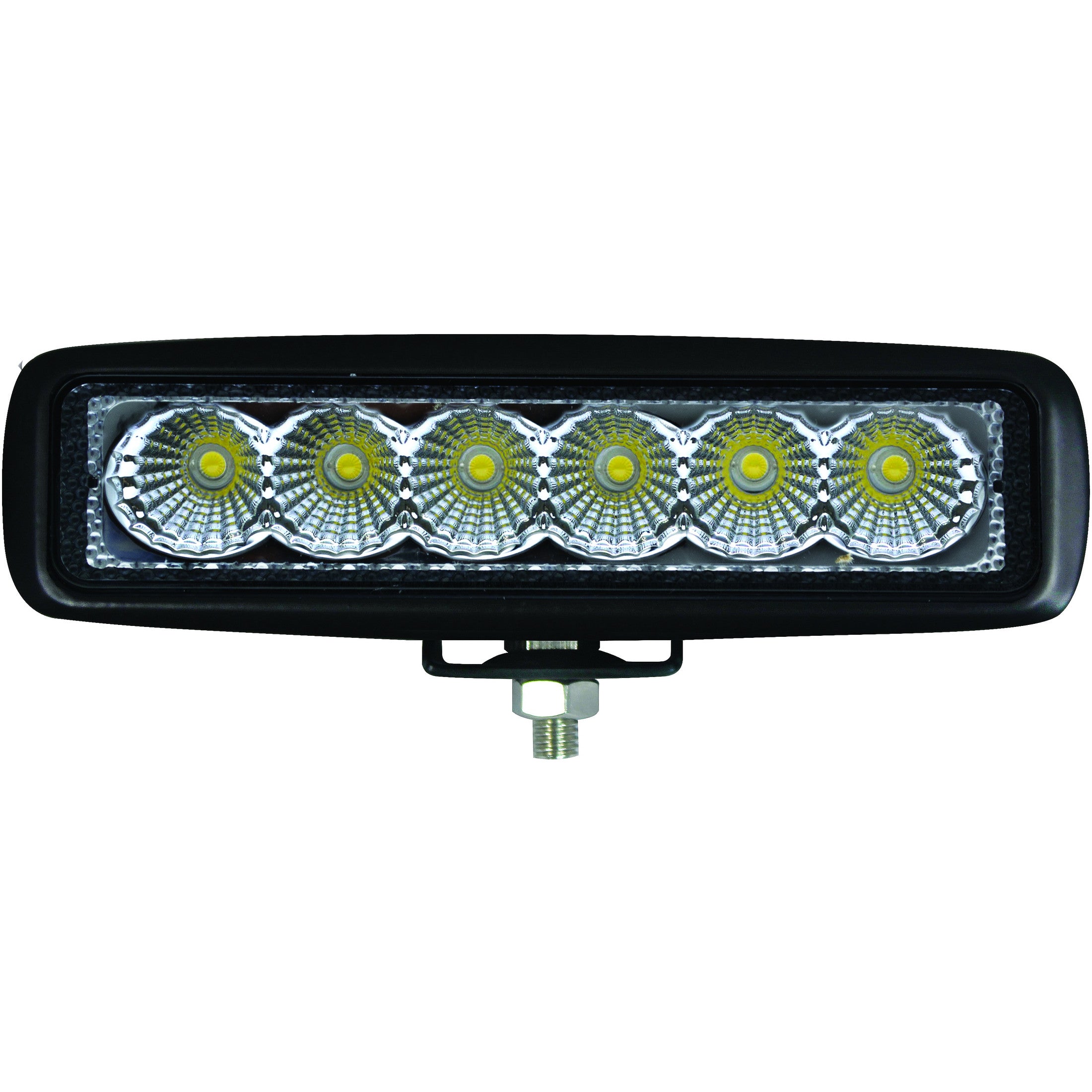 Black HVF 6 LED Mini 6" Light Bar with six bright, round LED lights and a bottom mounting bracket.