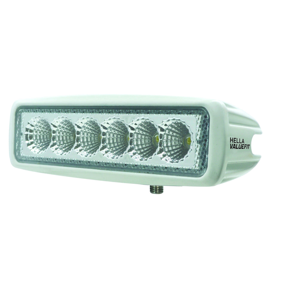 White HVF 6 LED mini light bar with flood beam, compact design, and HELLA VALUEFIT logo.