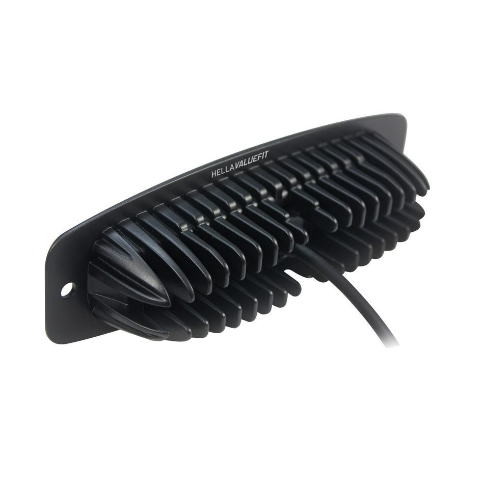Black HVF 6" LED mini light bar, flush mount, with ribbed heat sink and wiring.
