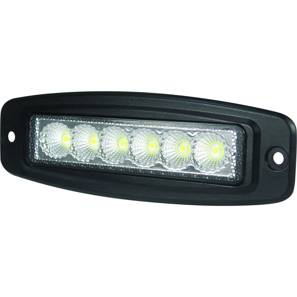 Black HVF 6" LED mini light bar with six bright flood beam LEDs and flush mount design.