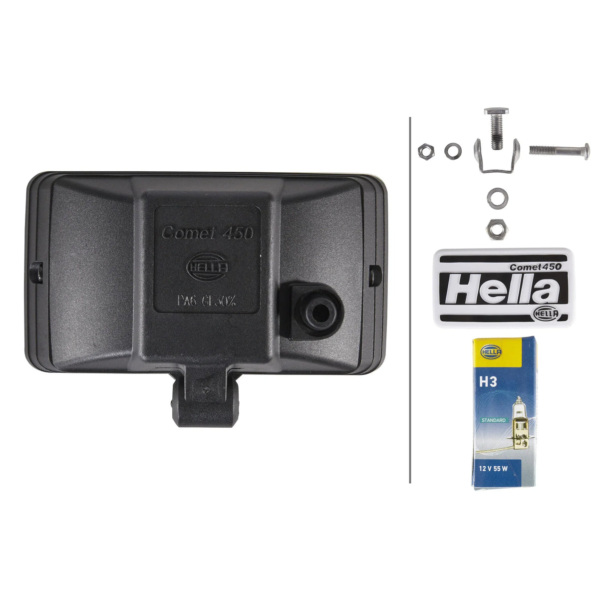 HELLA 450 Halogen Amber Fog Light — technical drawing with dimensions
