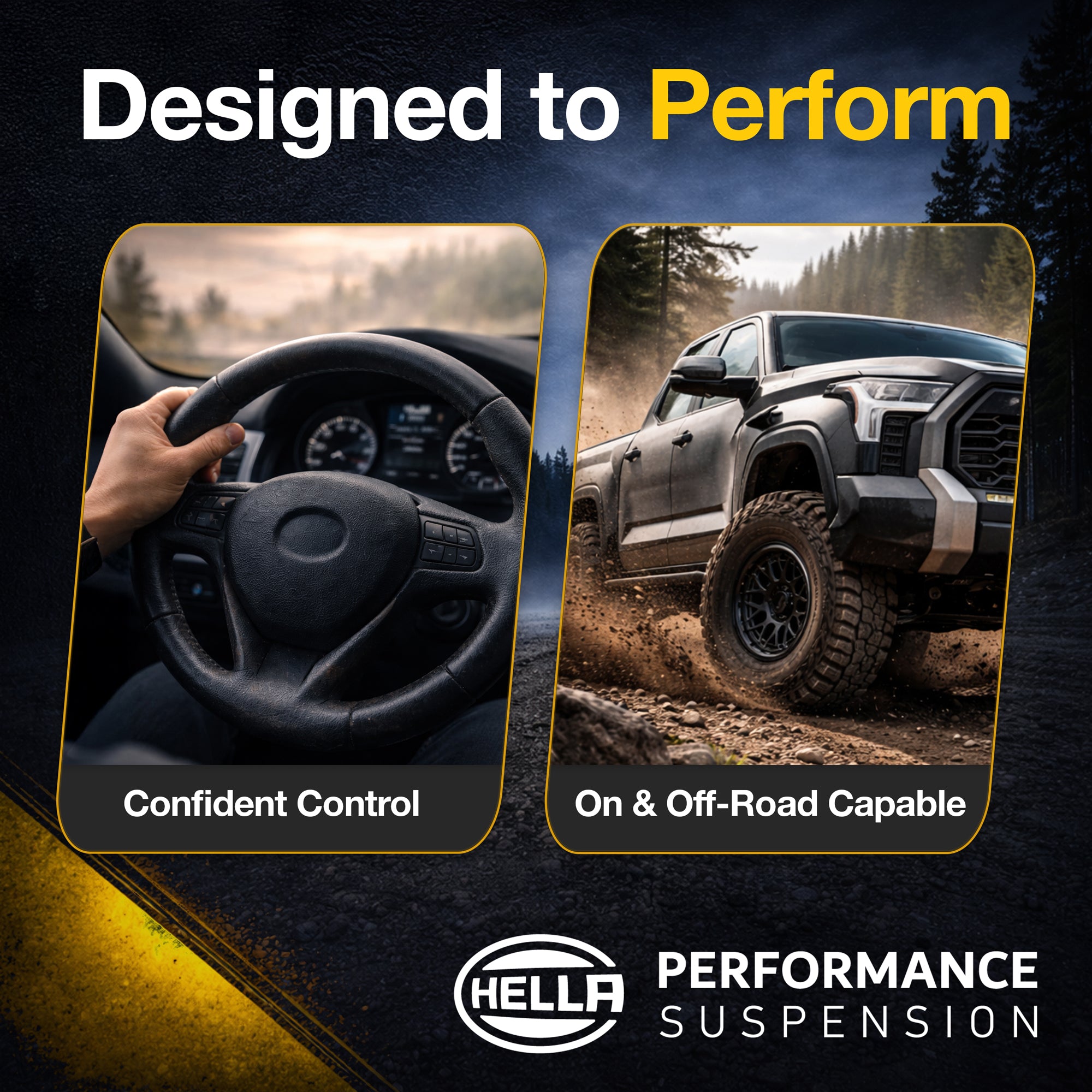 Hella Performance Suspension ad with confident control and off-road capable truck images.
