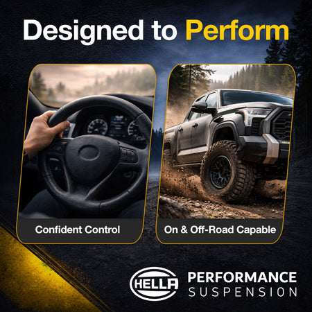 Hella Performance Suspension ad with confident control and off-road capable truck images.