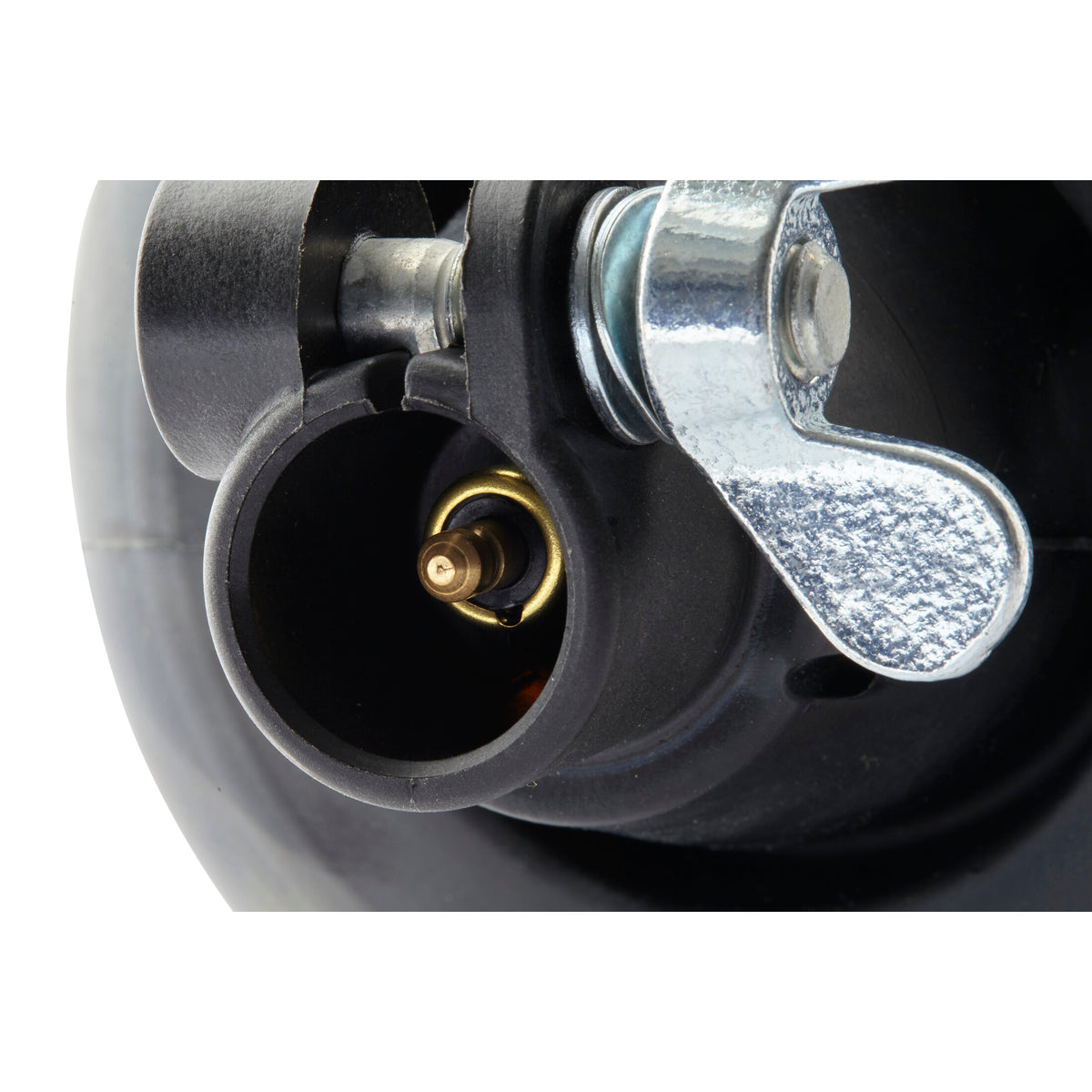 Close-up of a black KL ROTAflex beacon's flexible pole base with a brass electrical connector and silver wing nut.