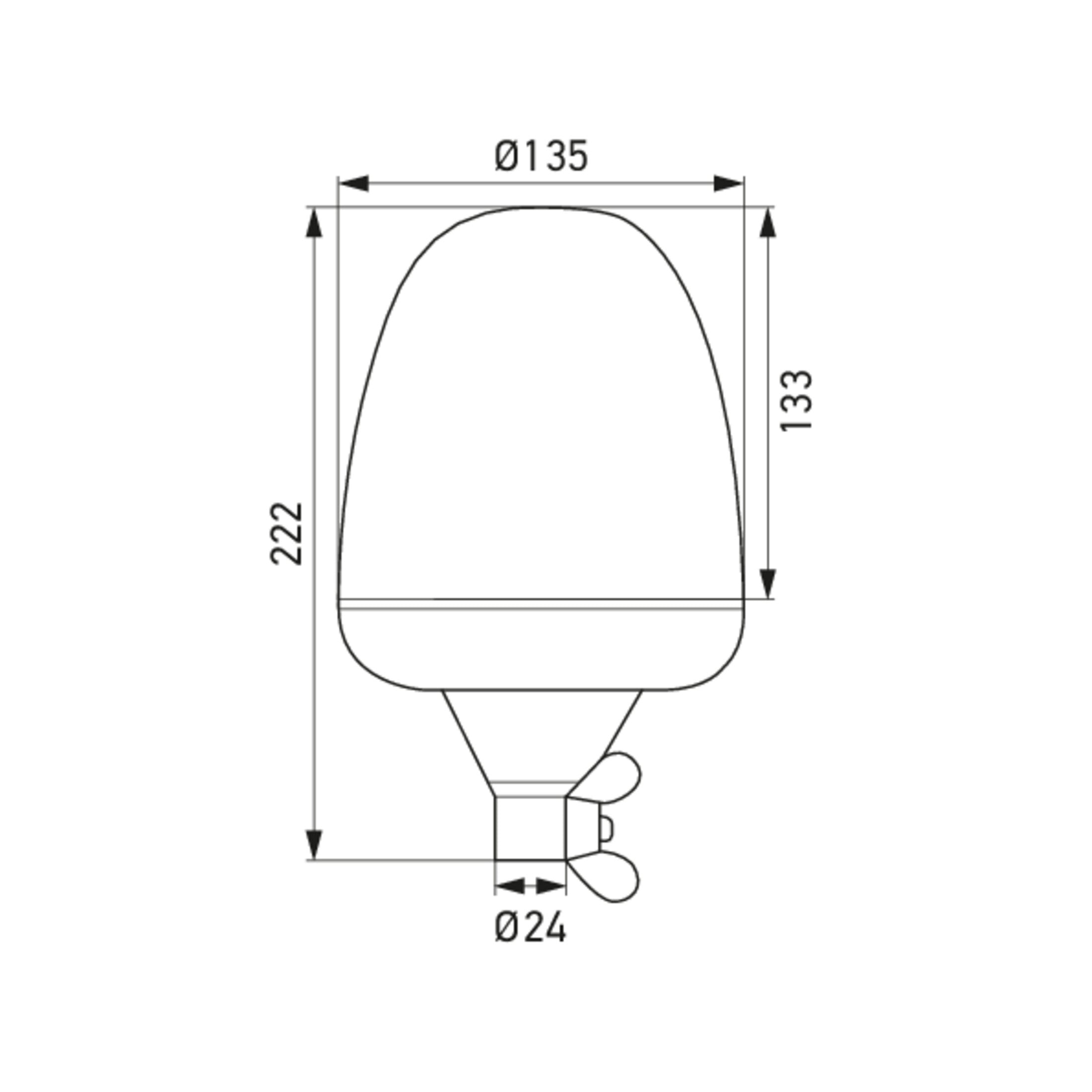 Line drawing of the KL Rota Beacon, showing its dimensions: 222mm total height, 135mm diameter, and 24mm base.
