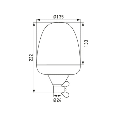 Line drawing of the KL Rota Beacon, showing its dimensions: 222mm total height, 135mm diameter, and 24mm base.