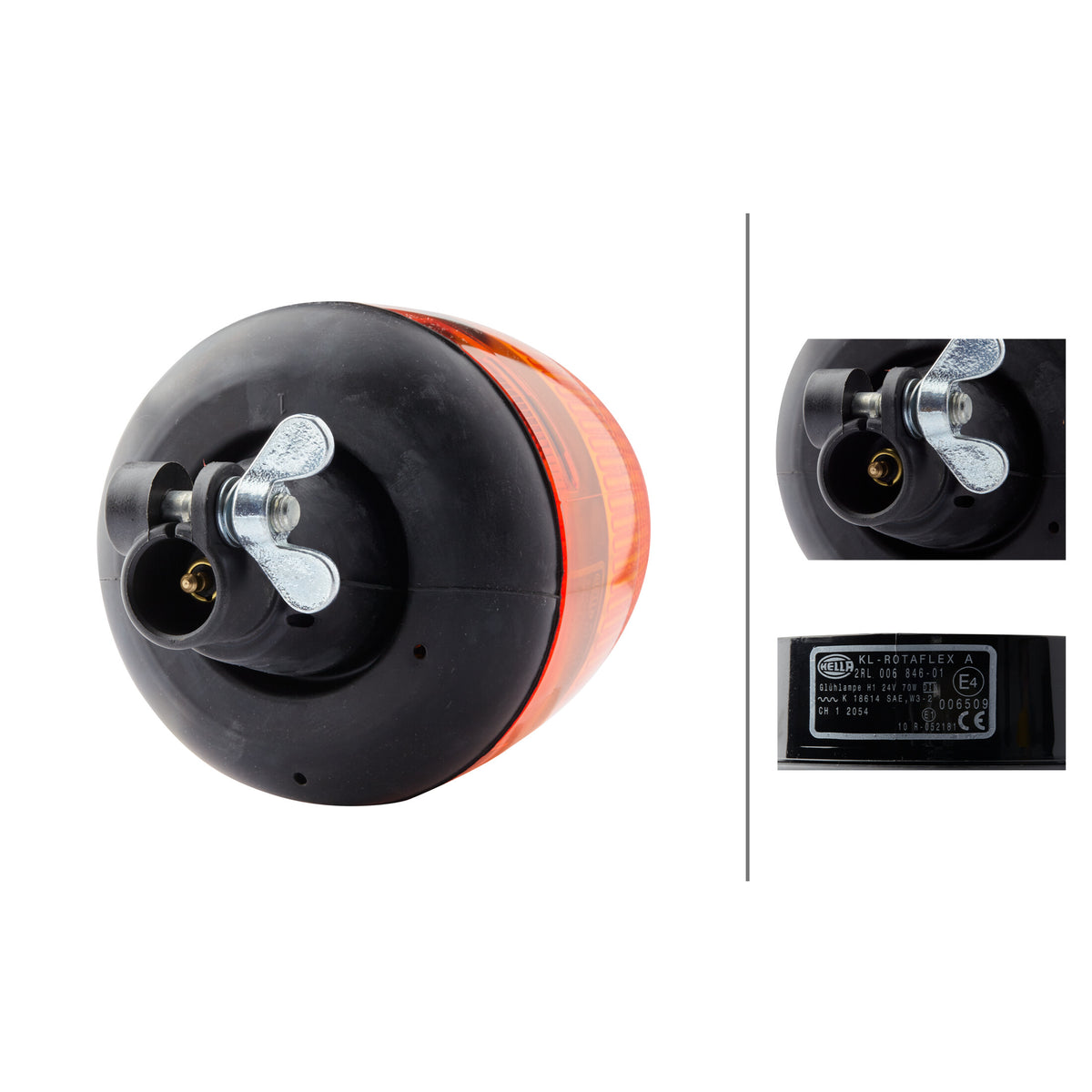 HELLA KL ROTAflex amber rotating beacon with flexible black rubber base and wing nut mount.