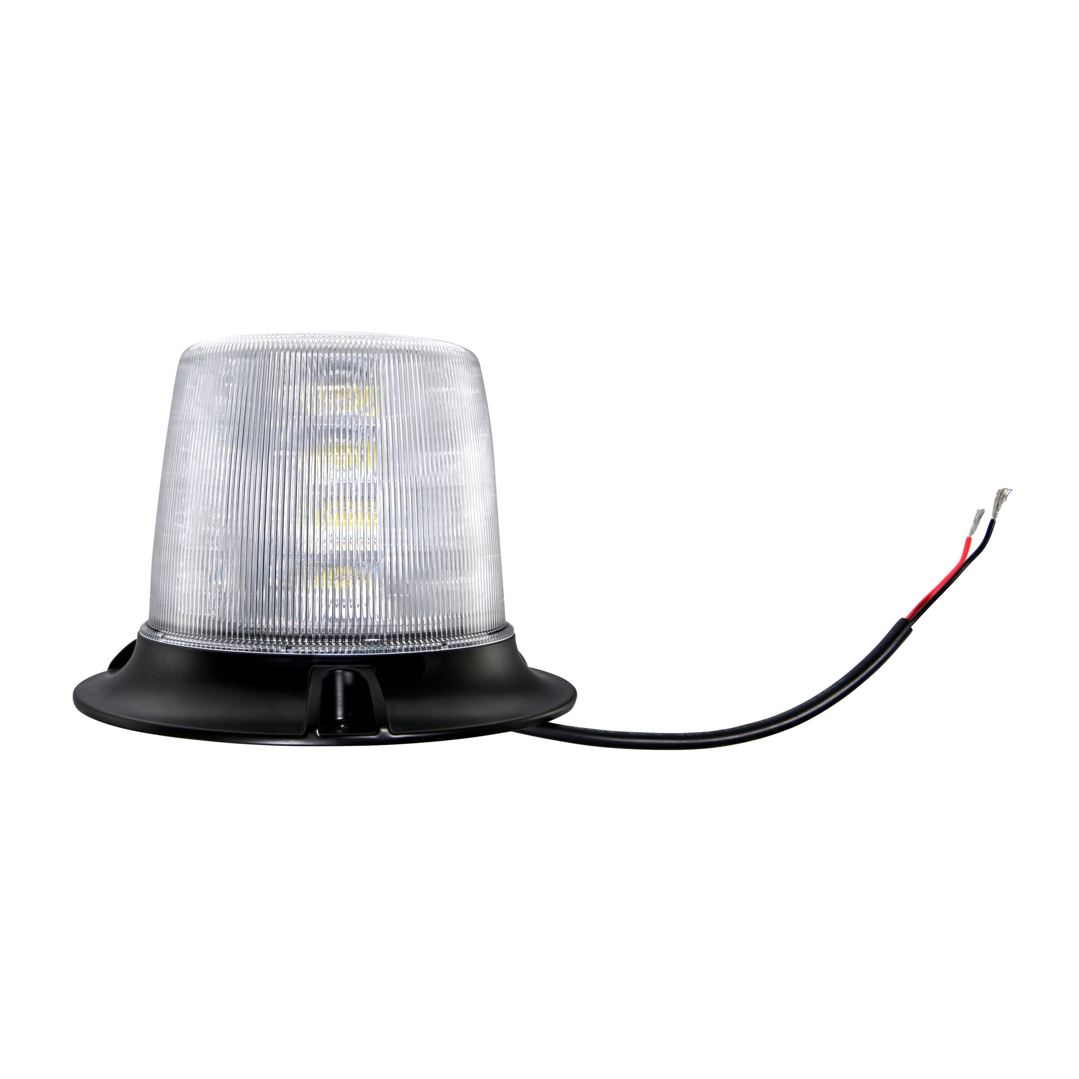HELLA White LED Double Flash Beacon with clear ribbed lens, black base, and exposed wiring.