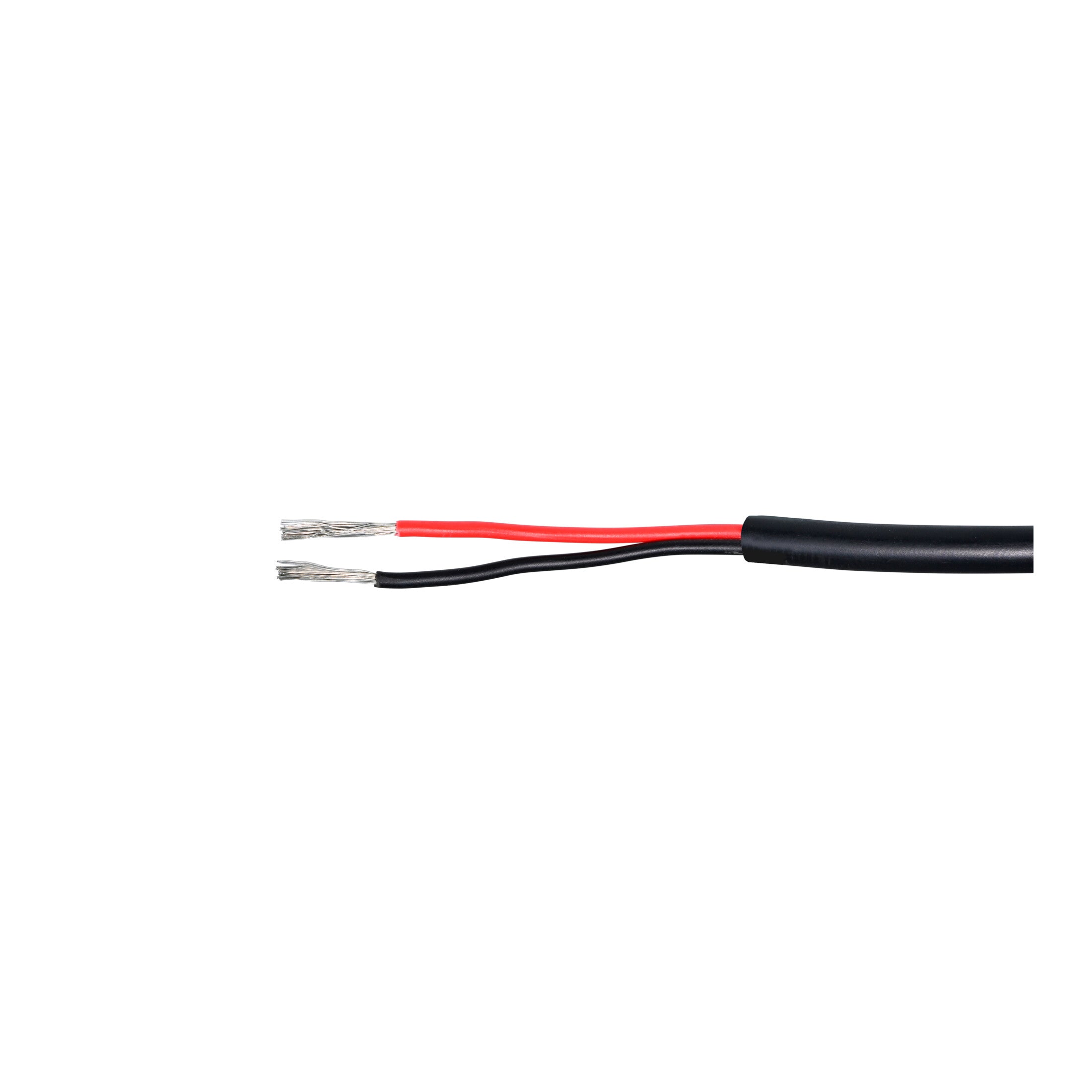 Black insulated wire with exposed red and black conductors.