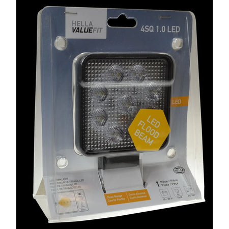 HELLA X-Treme Series LED Driving Lights in rugged aluminum housing, White mode, IP69K rated, auxiliary high-beam, off-road ready, clear lens, X-shape position light.