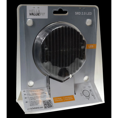 HELLA X-Treme Series LED Driving Light in packaging, rugged aluminum housing, IP69K, auxiliary high-beam, off-road