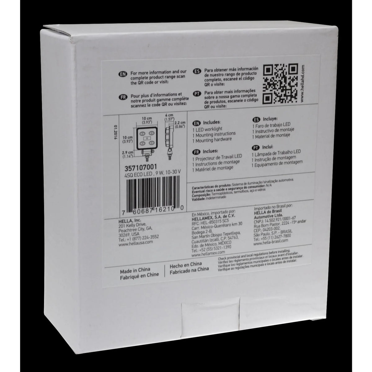 HELLA X-Treme Series LED Driving Lights packaging, technical specs, IP69K auxiliary high-beam info for off-road use.