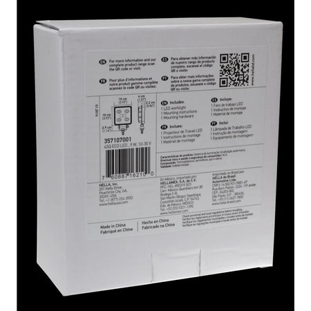 HELLA X-Treme Series LED Driving Lights packaging, technical specs, IP69K auxiliary high-beam info for off-road use.