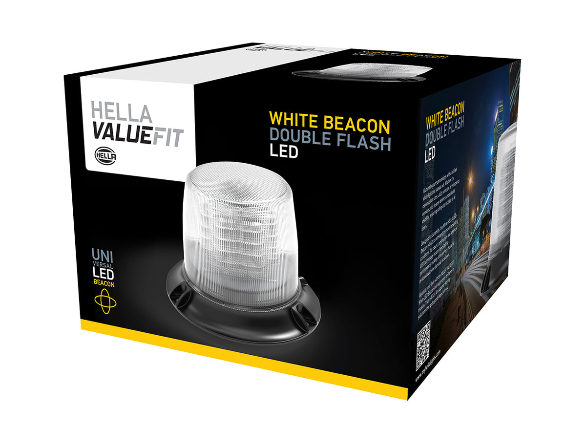HELLA White Beacon Double Flash LED warning light with clear lens, black base, and product packaging.