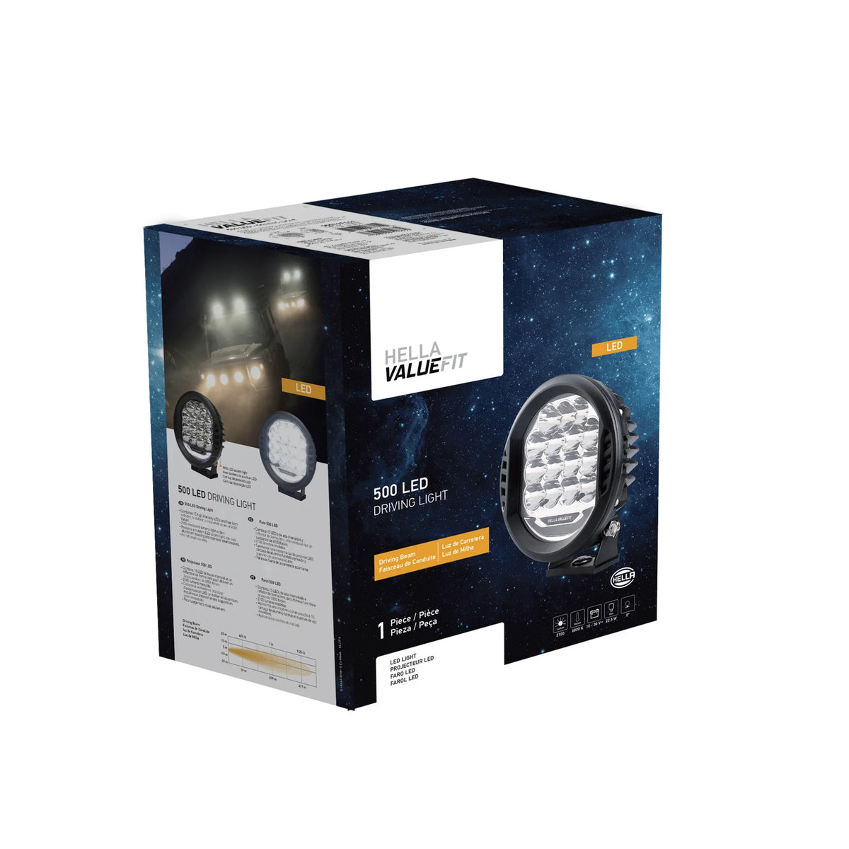 HELLA 500 LED Driving Light — angled view of round LED driving lamp