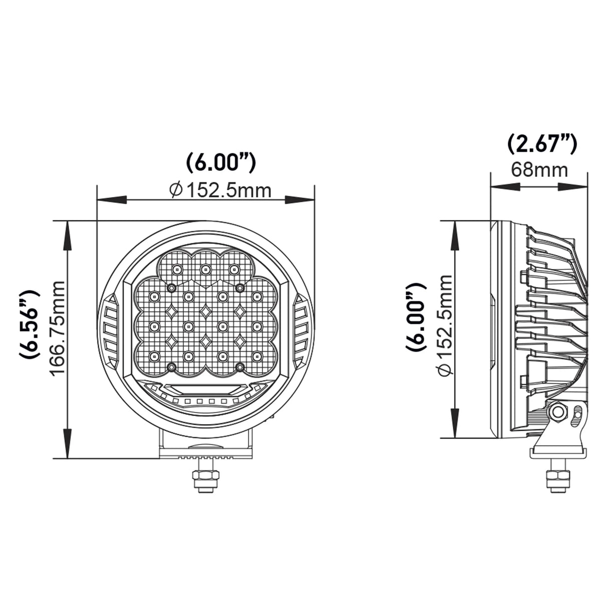 HELLA X-Treme Series LED Driving Lights dimension diagram, IP69K rugged aluminum, auxiliary high-beam