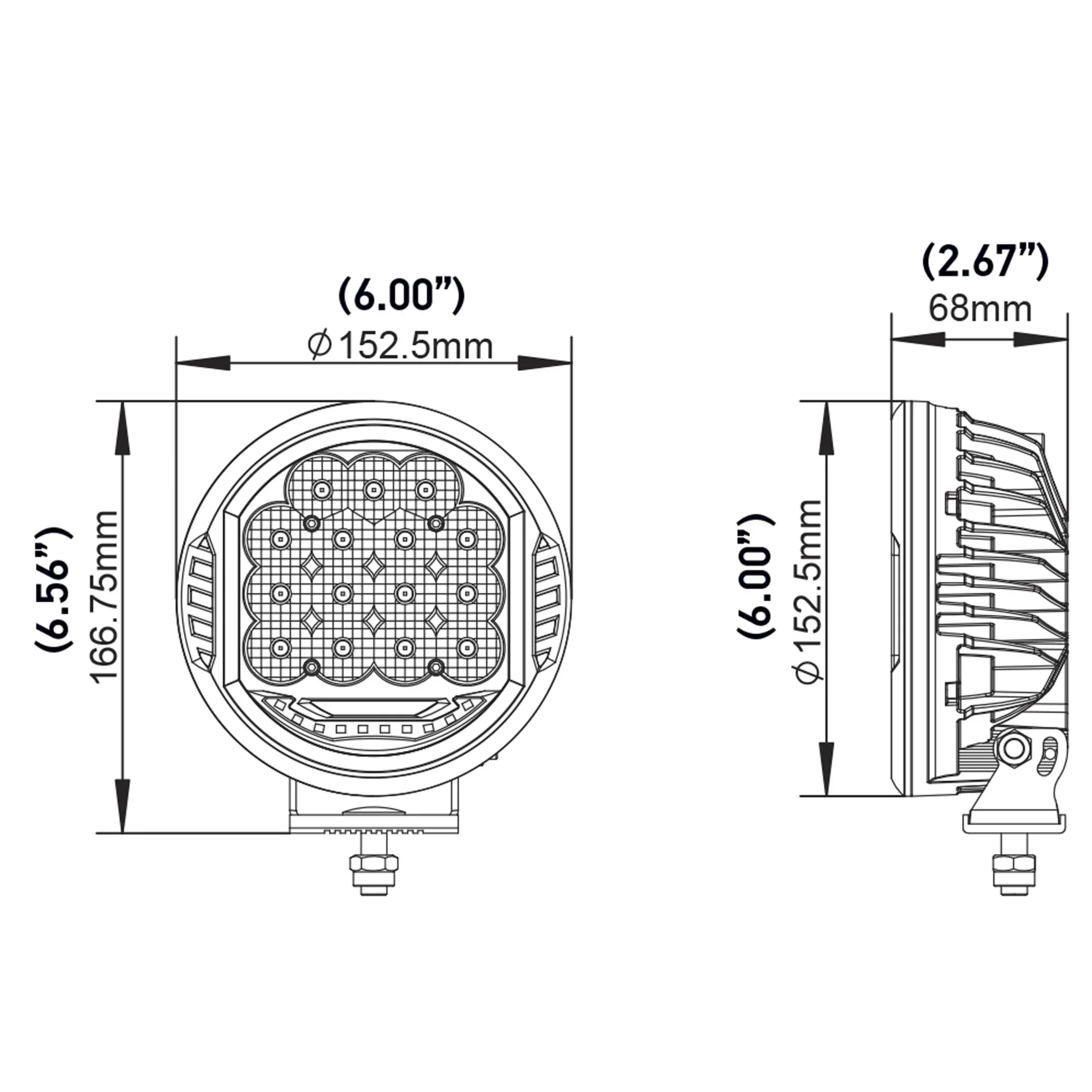 HELLA X-Treme Series LED Driving Lights dimension diagram, IP69K rugged aluminum, auxiliary high-beam