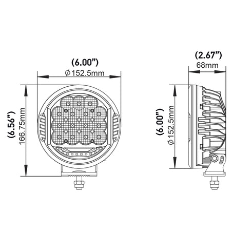 HELLA X-Treme Series LED Driving Lights dimension diagram, IP69K rugged aluminum, auxiliary high-beam