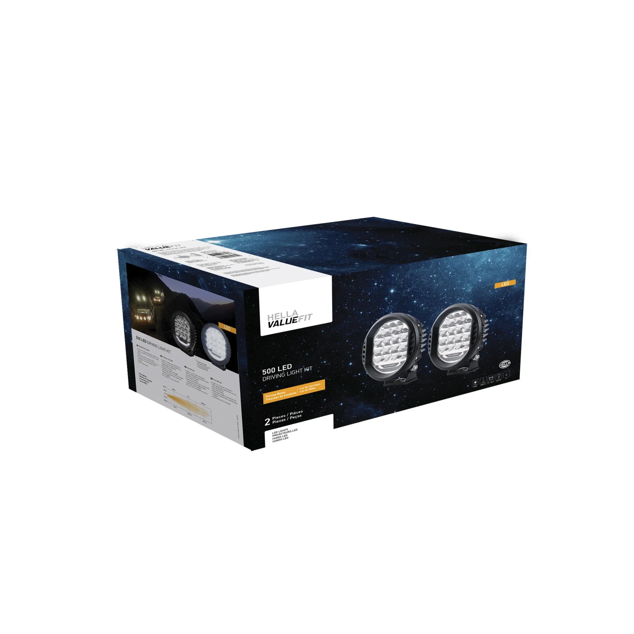 HELLA X-Treme Series LED Driving Lights box, IP69K rated, auxiliary high-beam, X-shape position light, off-road ready.