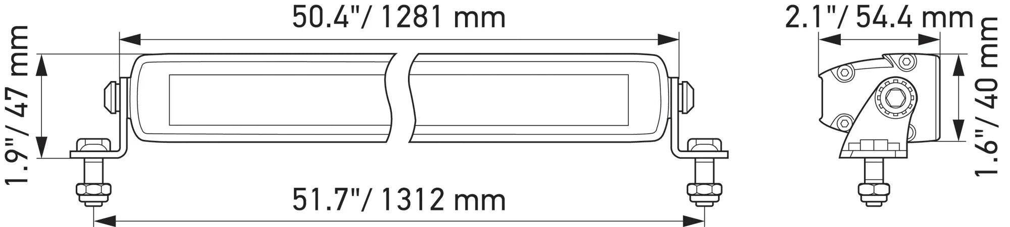 HELLA Black Magic LED Lightbar 50" Slim — technical diagram with dimensions